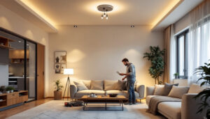 A photograph of a well-lit modern living room featuring stylish pot lights installed in the ceiling