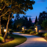 A photograph of a beautifully illuminated outdoor landscape at dusk