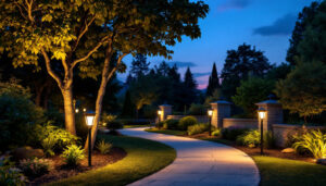 A photograph of a beautifully illuminated outdoor landscape at dusk