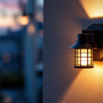 A photograph of a beautifully lit exterior sconce solar light illuminating a stylish outdoor space at dusk