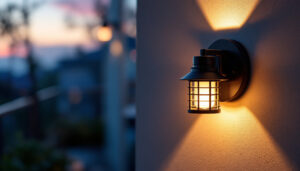 A photograph of a beautifully lit exterior sconce solar light illuminating a stylish outdoor space at dusk