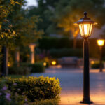 A photograph of a beautifully illuminated outdoor space featuring a stylish post lamp