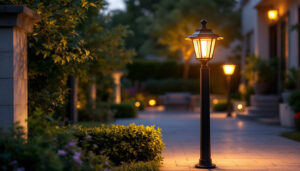 A photograph of a beautifully illuminated outdoor space featuring a stylish post lamp
