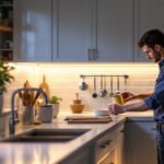 A photograph of capture a photograph of a beautifully illuminated kitchen featuring sleek low voltage under cabinet lighting