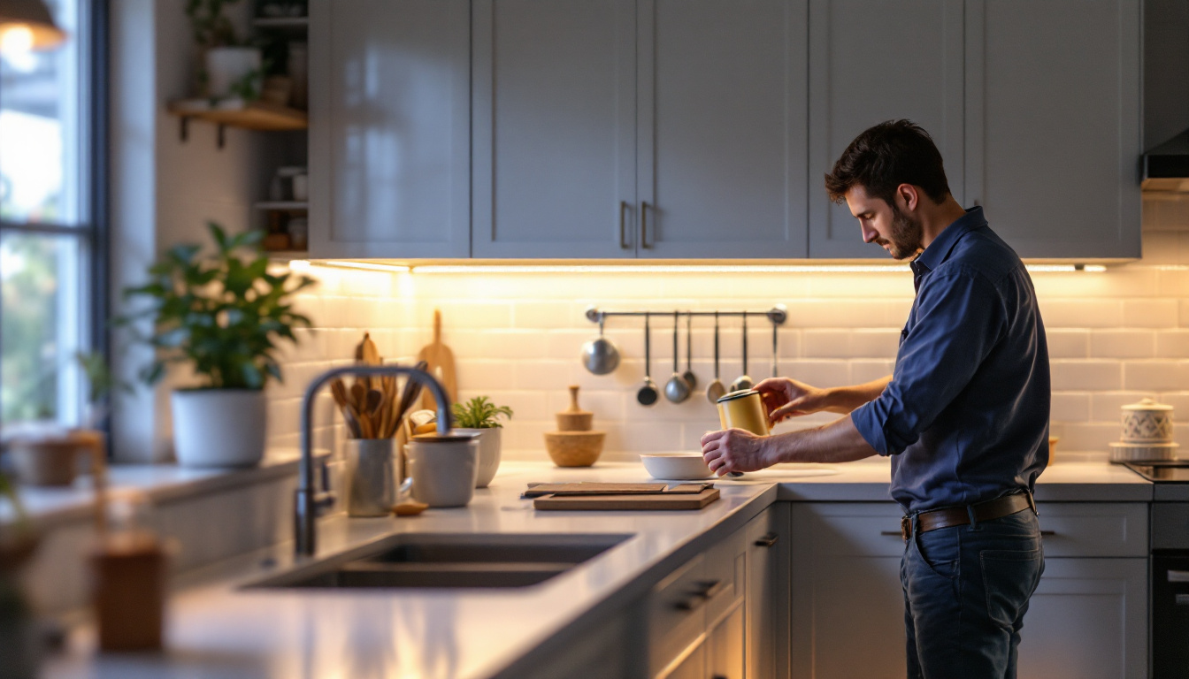 A photograph of capture a photograph of a beautifully illuminated kitchen featuring sleek low voltage under cabinet lighting