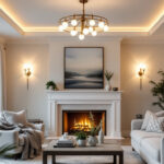 A photograph of a beautifully designed living room featuring an elegant ceiling light fixture