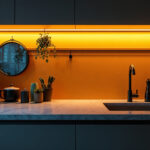 A photograph of a modern kitchen featuring bright under counter lights illuminating the workspace