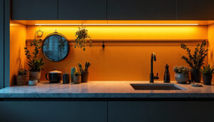 A photograph of a modern kitchen featuring bright under counter lights illuminating the workspace