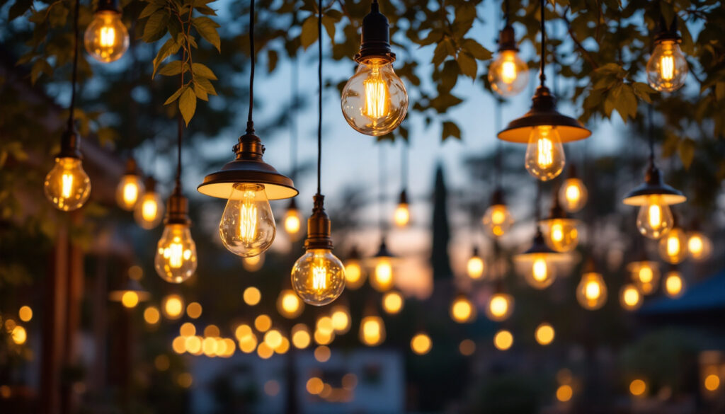 A photograph of a beautifully lit outdoor setting featuring various styles of hanging pendant lights