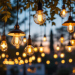 A photograph of a beautifully lit outdoor setting featuring various styles of hanging pendant lights