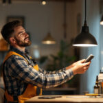 A photograph of a lighting contractor confidently installing or adjusting modern lighting fixtures in a well-lit