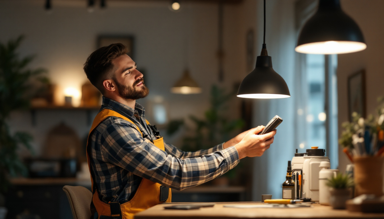 A photograph of a lighting contractor confidently installing or adjusting modern lighting fixtures in a well-lit