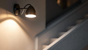 A photograph of a beautifully designed stairway light fixture illuminating a staircase