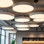 A photograph of a modern interior space showcasing lightweight suspended ceilings