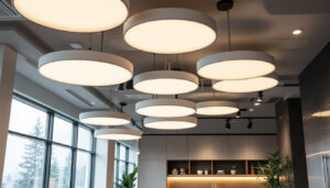A photograph of a modern interior space showcasing lightweight suspended ceilings