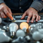 A photograph of a lighting contractor measuring various light bulb bases with a caliper
