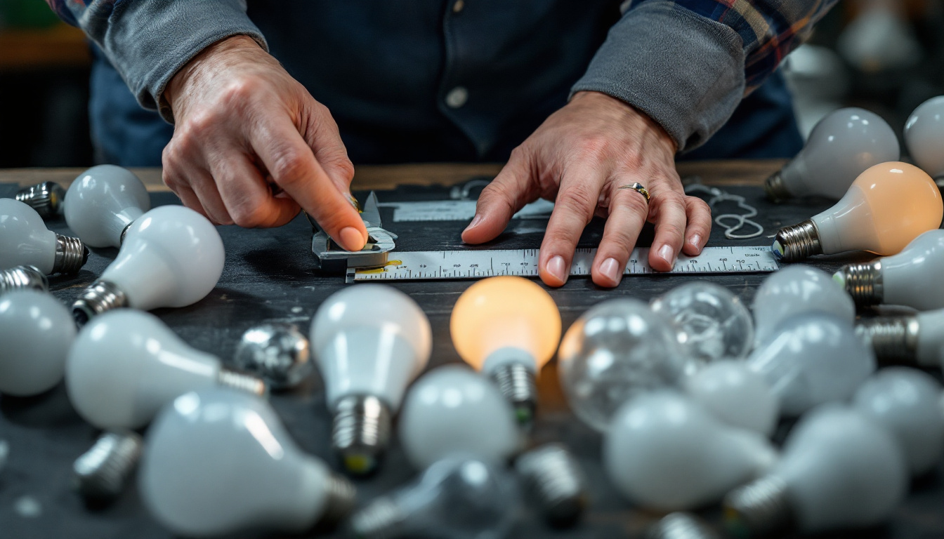 A photograph of a lighting contractor measuring various light bulb bases with a caliper
