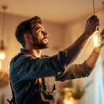 A photograph of a skilled lighting contractor expertly installing or adjusting a stylish