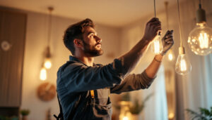A photograph of a skilled lighting contractor expertly installing or adjusting a stylish