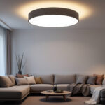 A photograph of a stylish large flush mount ceiling light installed in a modern living space