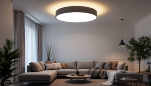 A photograph of a stylish large flush mount ceiling light installed in a modern living space