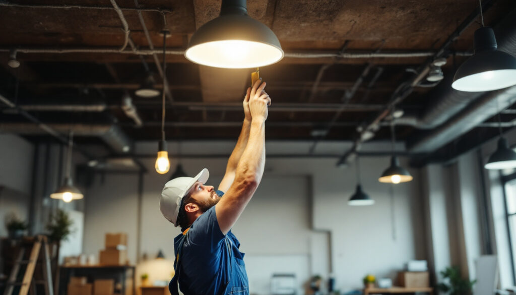 A photograph of a lighting contractor installing energy-efficient led fixtures in a commercial space
