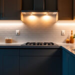 A photograph of a stylish kitchen with under-cabinet lighting illuminating the countertops