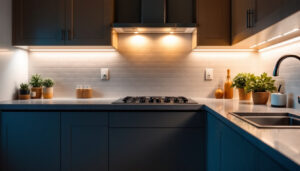 A photograph of a stylish kitchen with under-cabinet lighting illuminating the countertops