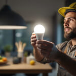 A photograph of a lighting contractor installing an a19 led bulb in a modern residential setting