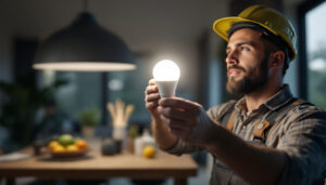 A photograph of a lighting contractor installing an a19 led bulb in a modern residential setting