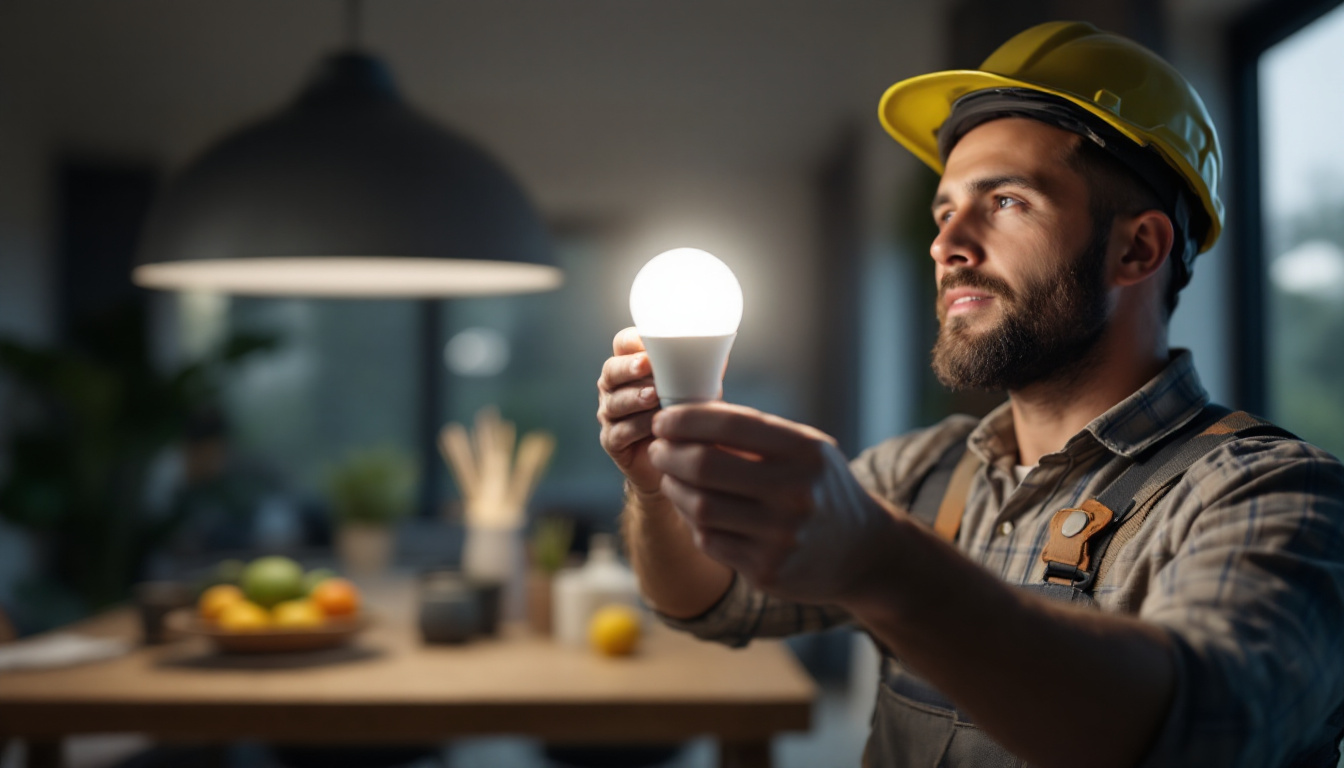 A photograph of a lighting contractor installing an a19 led bulb in a modern residential setting