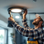 A photograph of a skilled lighting contractor installing led ceiling fixtures in a modern interior space