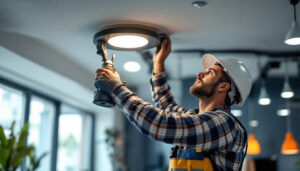 A photograph of a skilled lighting contractor installing led ceiling fixtures in a modern interior space