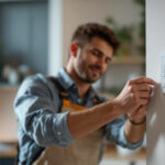 A photograph of a skilled lighting contractor installing an electric timer switch in a modern home setting