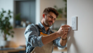 A photograph of a skilled lighting contractor installing an electric timer switch in a modern home setting
