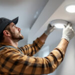 A photograph of a skilled lighting contractor expertly installing recessed downlights in a modern home setting