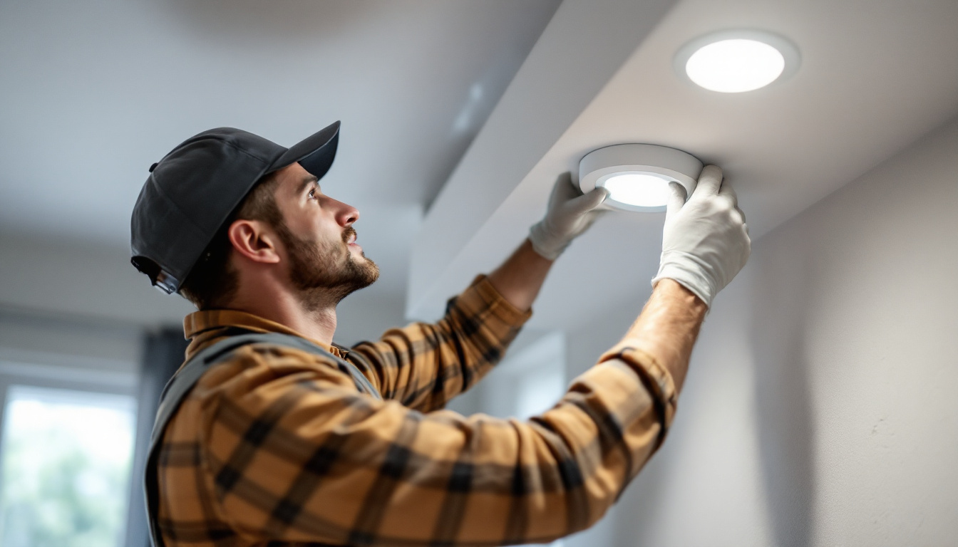 A photograph of a skilled lighting contractor expertly installing recessed downlights in a modern home setting