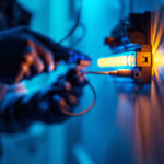 A photograph of a lighting contractor expertly installing a led dimmer switch