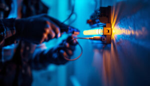 A photograph of a lighting contractor expertly installing a led dimmer switch