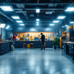 A photograph of a well-lit workshop or garage setting featuring a variety of 48 led work lights in use