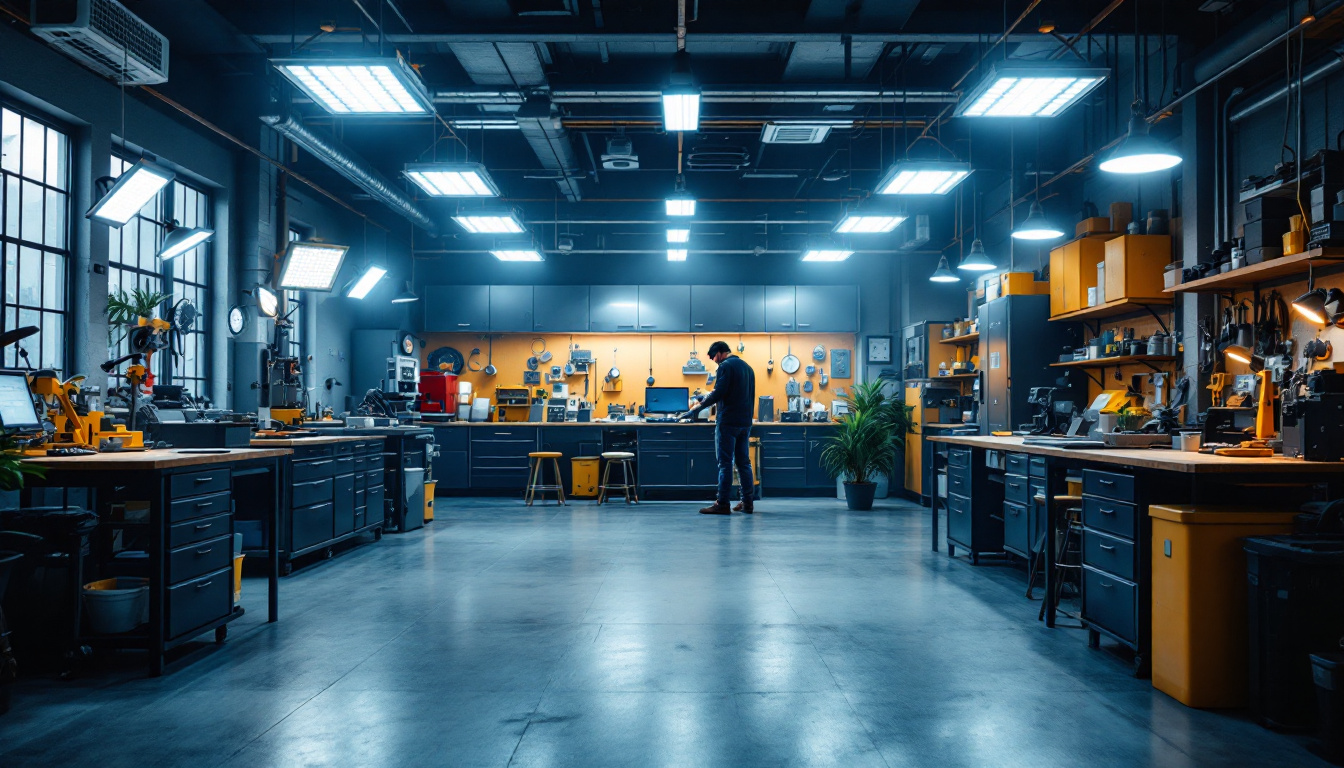 A photograph of a well-lit workshop or garage setting featuring a variety of 48 led work lights in use