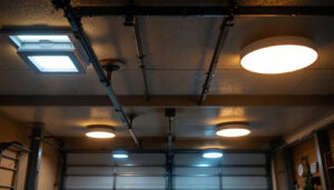 A photograph of a well-lit garage ceiling showcasing various types of ceiling lights