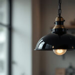 A photograph of a stylish black pendant light fixture with a chain