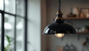 A photograph of a stylish black pendant light fixture with a chain