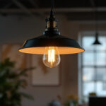A photograph of a stylish industrial hanging lamp illuminating a spacious workspace