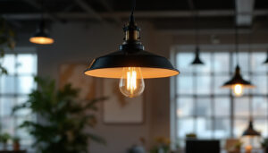 A photograph of a stylish industrial hanging lamp illuminating a spacious workspace