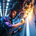 A photograph of a lighting contractor working on a modern led installation