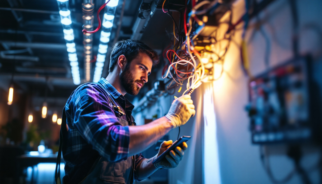 A photograph of a lighting contractor working on a modern led installation