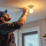 A photograph of a lighting contractor expertly installing pot light bulbs in a modern home setting