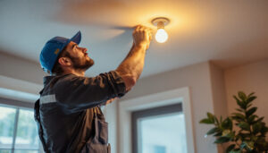 A photograph of a lighting contractor expertly installing pot light bulbs in a modern home setting